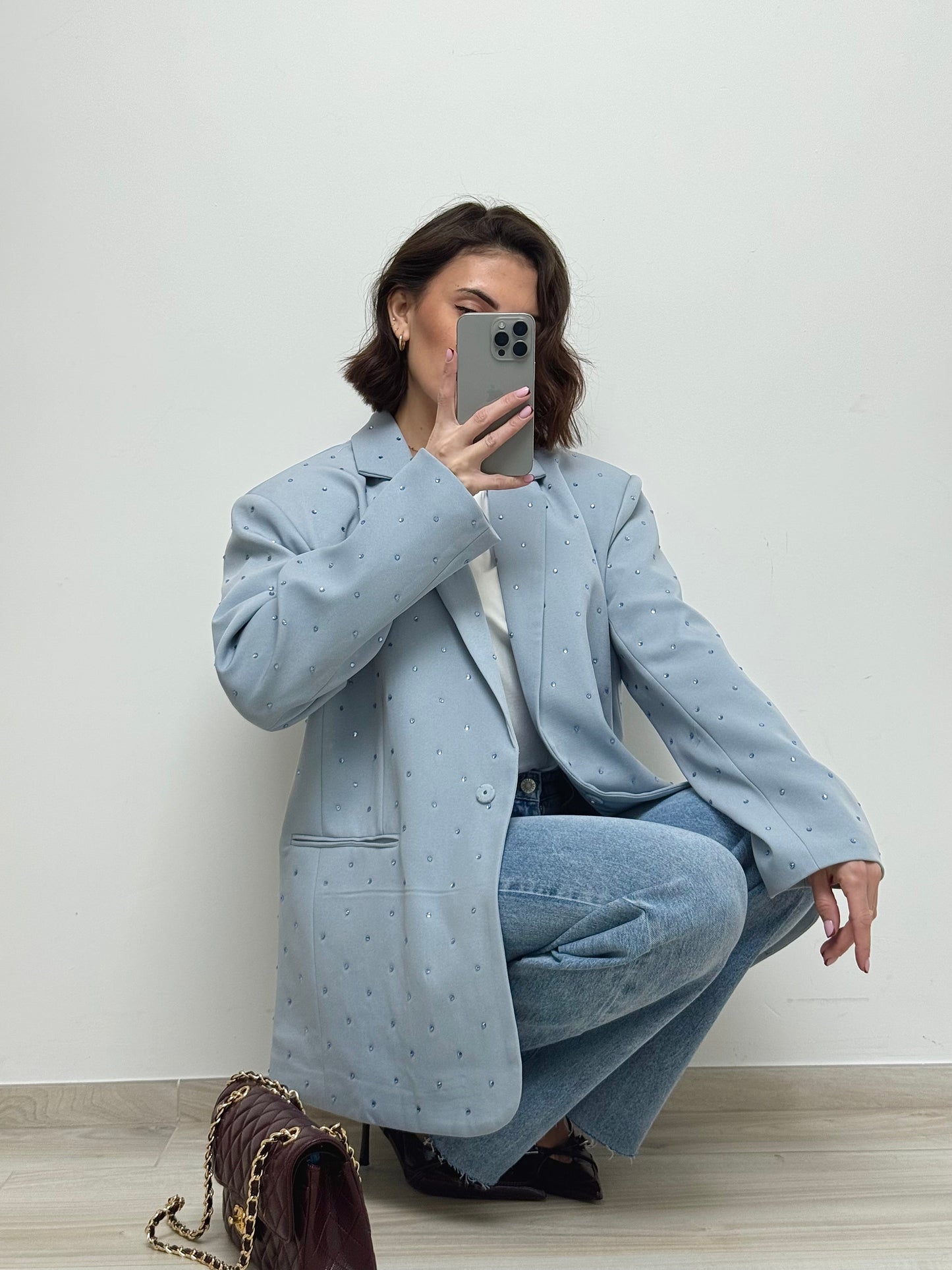 Blazer à strass bleu ciel