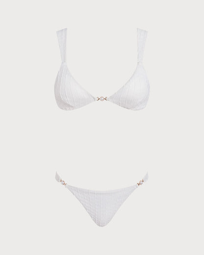 Conjunto de bikini con bralette de cuello en V y textura en color blanco