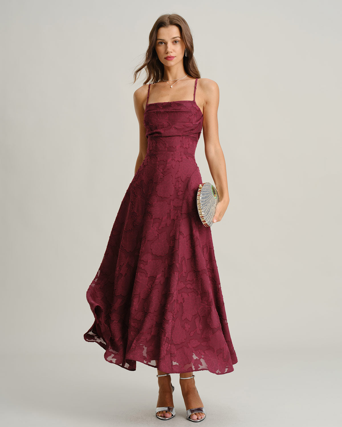 Vestido largo liso de jacquard color burdeos