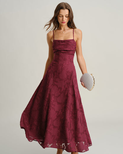 Vestido largo liso de jacquard color burdeos
