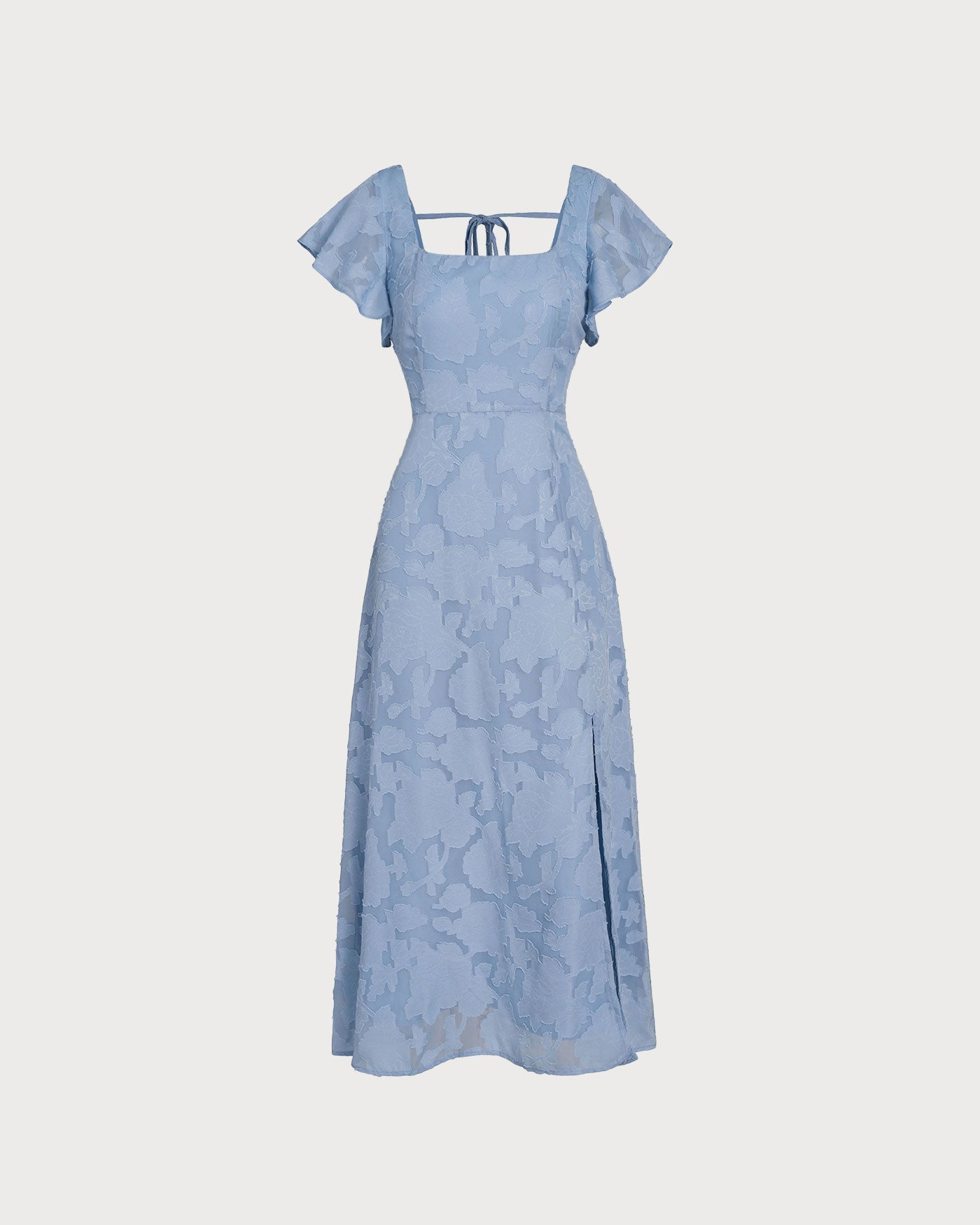 Vestido medio azul con estampado floral y cuello cuadrado
